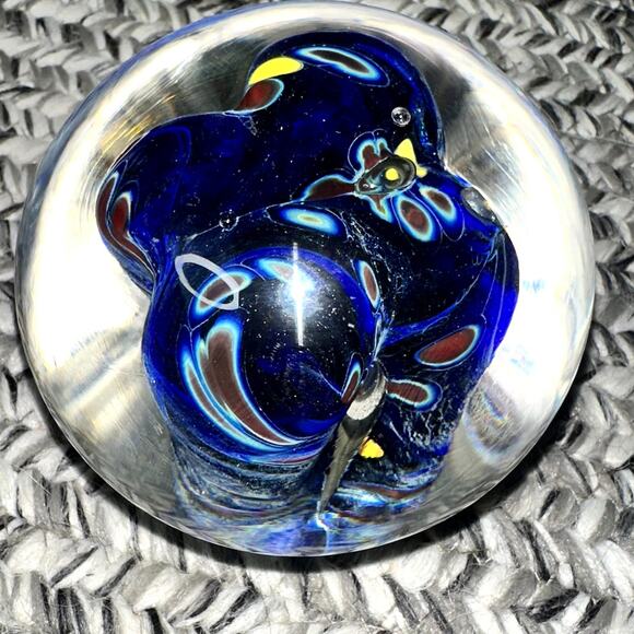 Art Glass Paperweight MCM Blue Brown Yellow Blown Large Controlled Bubbles - Picture 7 of 9
